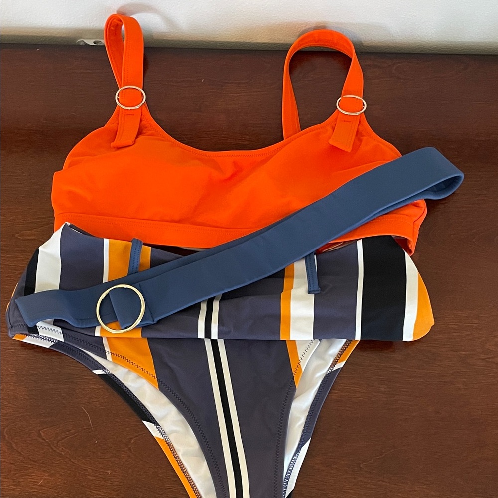 Orange Two-Piece Swimsuit with Striped Bottom and belt